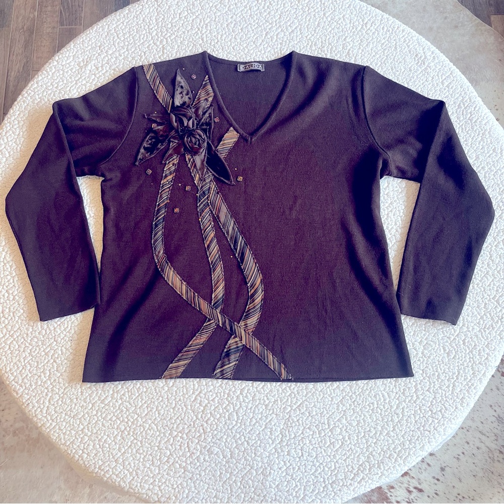 Miss Dalida Paris Embellished Sweater | Brown Knit | XL‎ | 50% Merino Wool